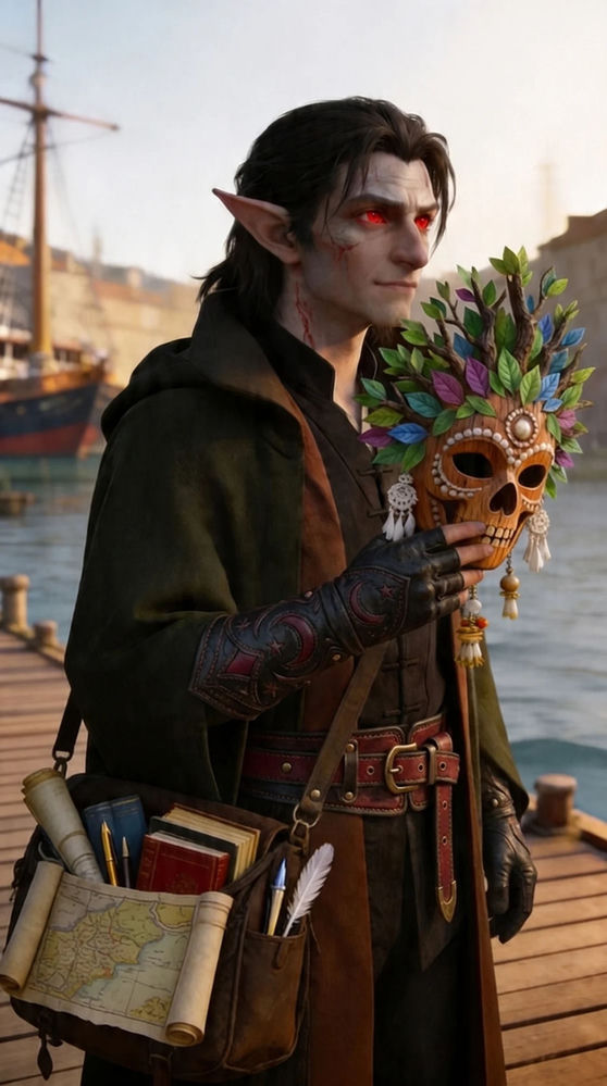 Amaran Tharyn — his first dawn at Port of Sealune. He takes off the Verdani mask to feel sunlight on his face for the first time in his life.