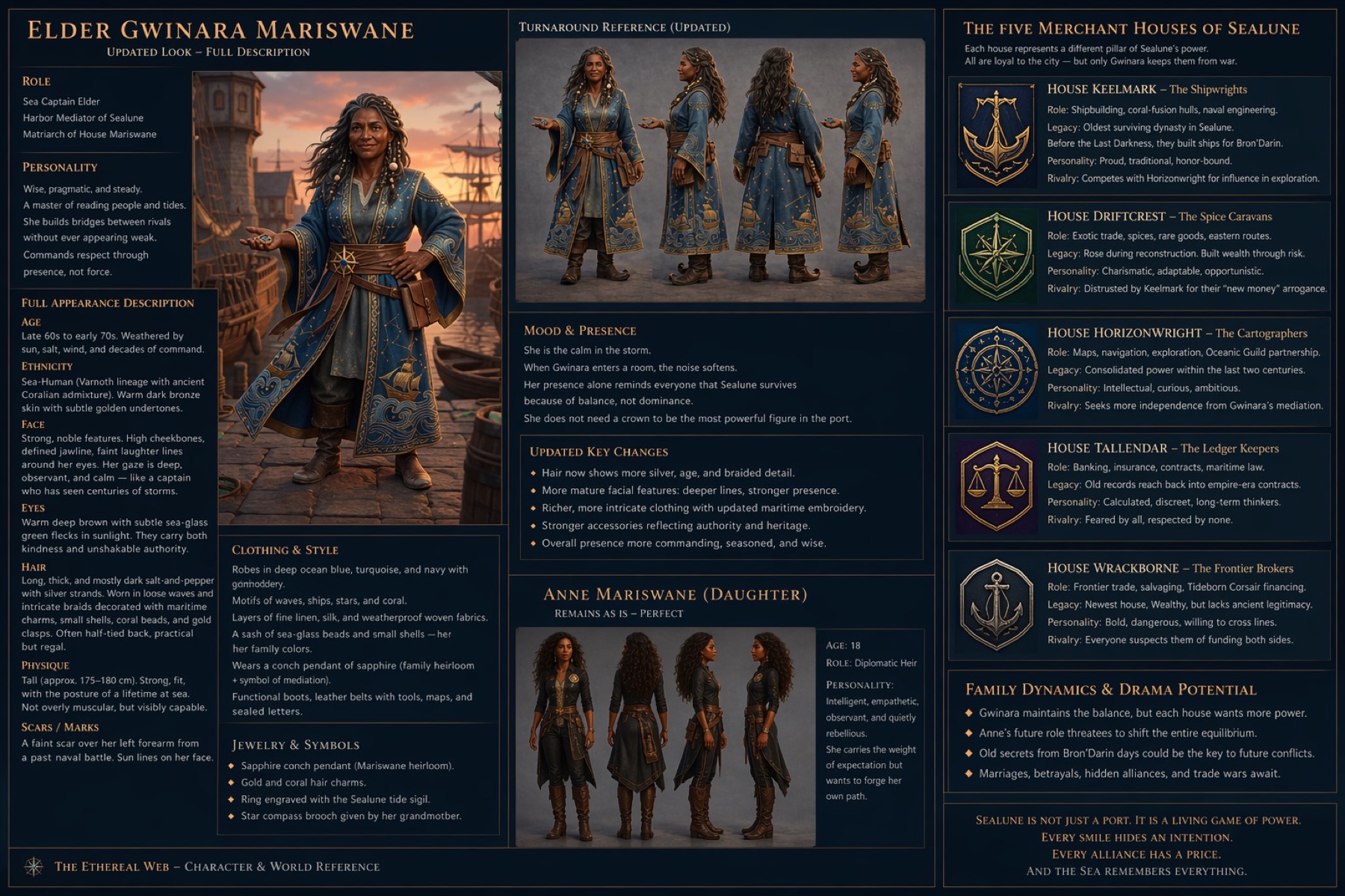 Elder Gwinara Mariswane character reference sheet — full body, turnaround, jewelry, the five Sealune merchant house crests, and Anne Mariswane in the lower right